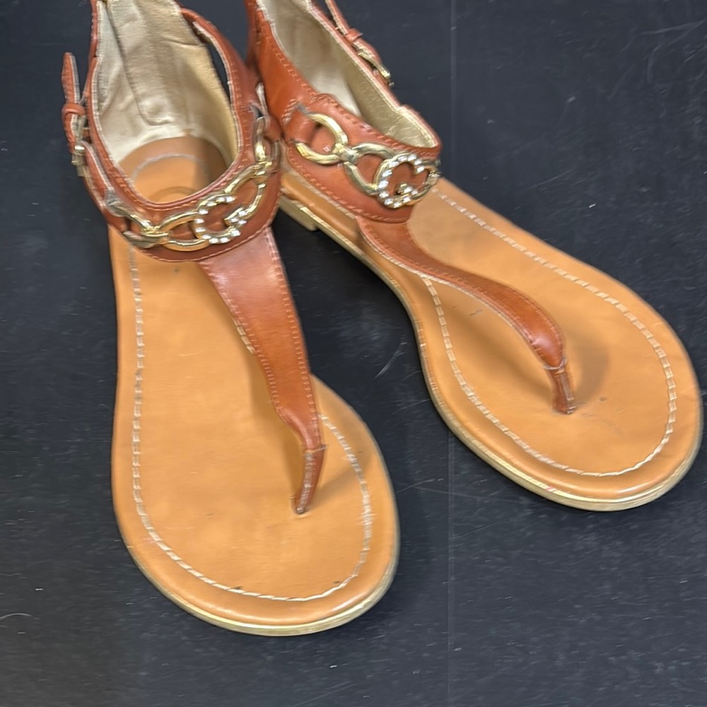 G by Guess Brown and Gold Sandals with Metallic Accents